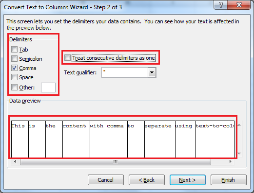 Step 2 of 3 - Text To Columns Wizard