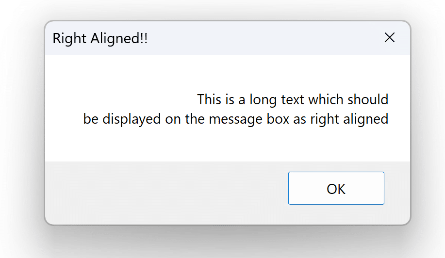 Message box with right aligned message